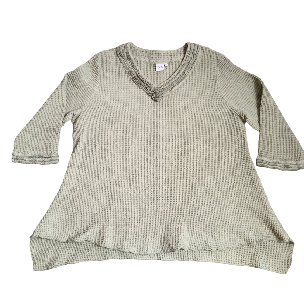 FOCUS Womens Sage Green‎ Waffle Knit V-Neck 3/4 Sleeve Tunic Top Boho Hippie  XL